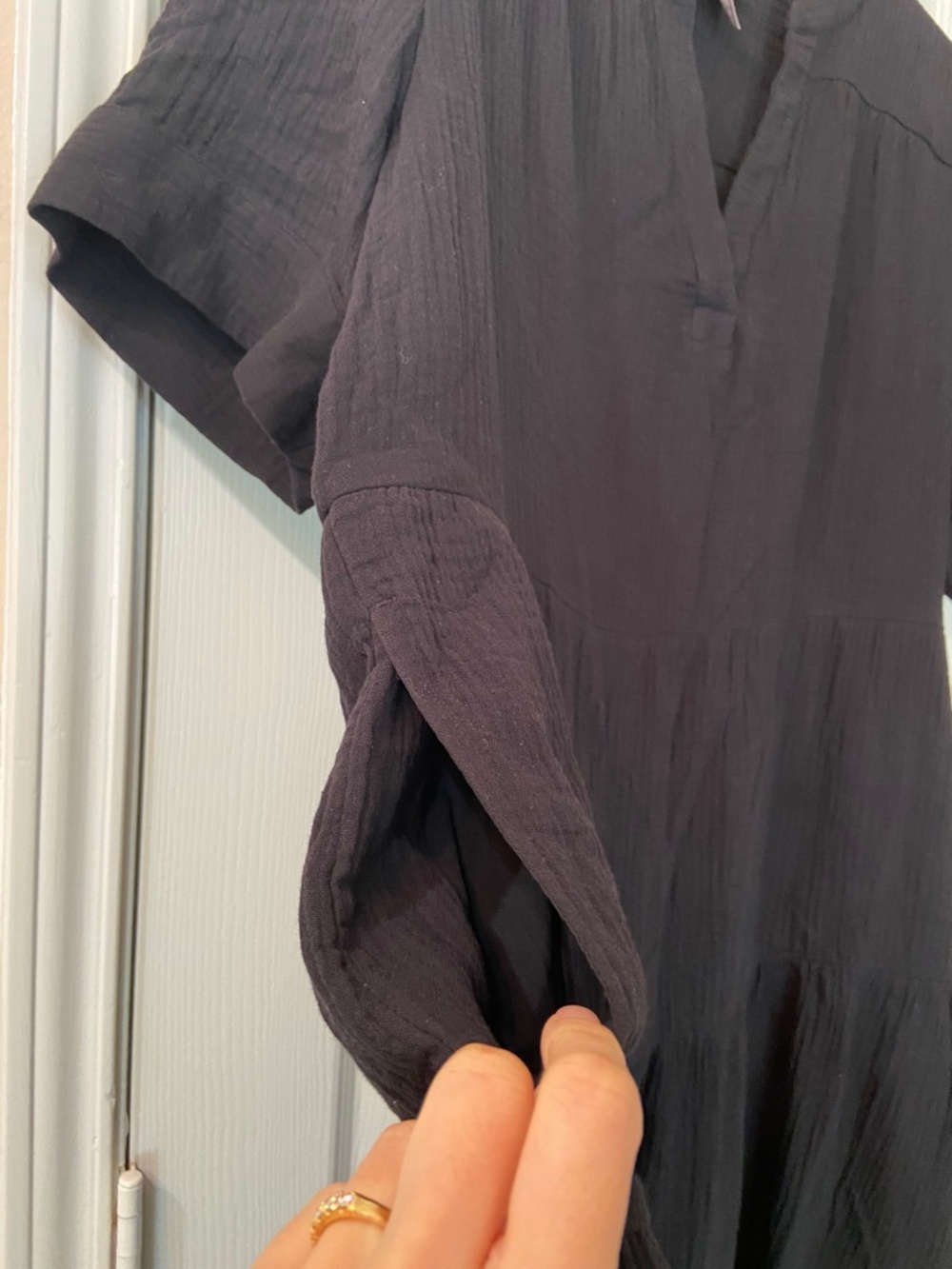 CHICO’S Black Midi Gauzy Cotton Dress Short Sleeves W/Pockets Size 3